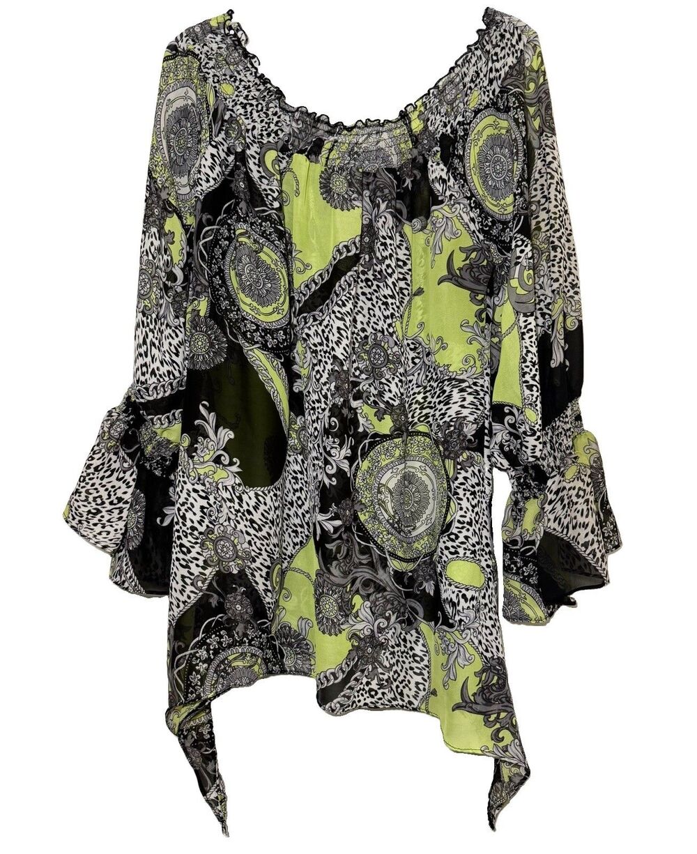 Ashley Stewart Size 12 Off Shoulder Scarf Print Bell Sleeve Handkerchief Top